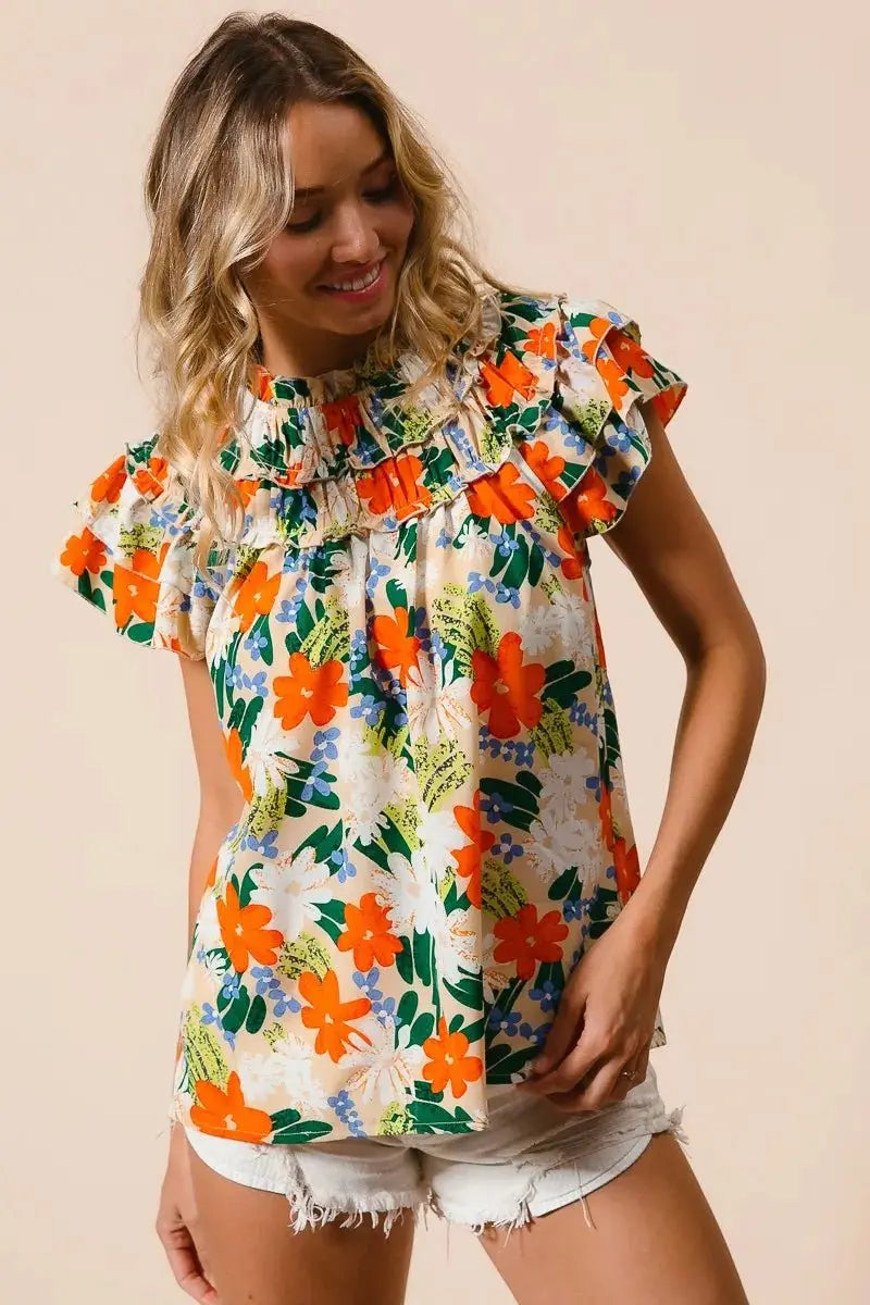 BiBi Multi Color Floral Print Woven Top for Women - Love Salve